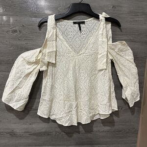 BCBGMaxazria Top Small Blouse Beige Cold Shoulder Boho Sheer Embroidered